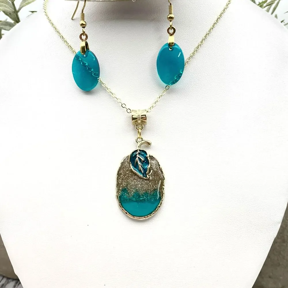 One-of-a-Kind Teal & Gold Resin Pendant Necklace Set with Matching Earrings